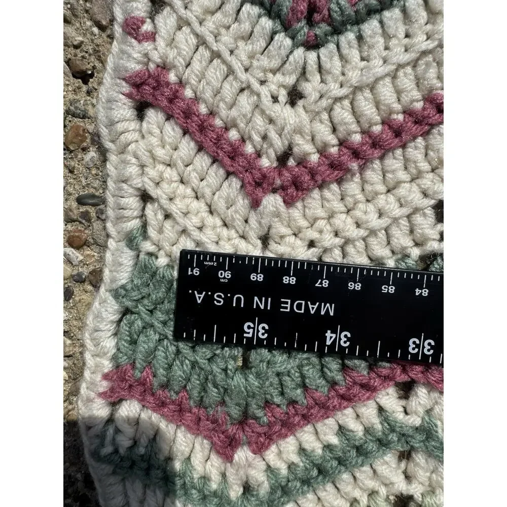 Handmade Crochet Chevron Afghan Blanket Green Burgundy Cream 73x90 Large